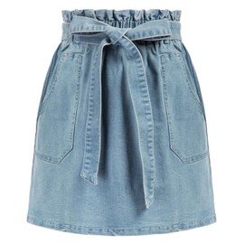 KANCY KOLE Women Short Jean Skirt Mid Rise Mini Denim Skirts Pockets Ruffle Waist Summer Skirts Light Blue M