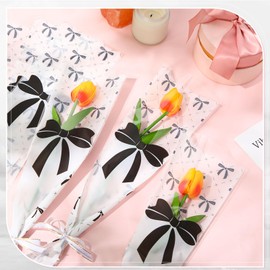 Honoson 100 Pcs Single Flower Sleeve Coquette Bow Mother's Day Floral Bouquets Wrapping Bags Plastic Rose Cellophane for Birthday Graduation Party Wedding Flower Gifts Supplies (Black)