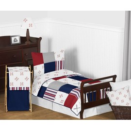 Sweet Jojo Designs Red, White and Blue Baseball Patch Sports Boy Toddler Kid Childrens Bedding Set - 5 Pieces Comforter, Sham and Sheets - Grey Patchwork Stripe