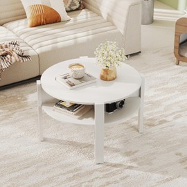 Tangkula Round Coffee Table, 29.5” 2-Tier Circle Cocktail Center Table with Storage Shelves, for Small Spaces, Living Room (White)