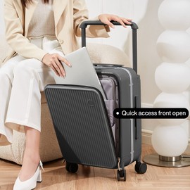 mixi Carry On Luggage 20'' Suitcase with Front Laptop Pocket, Wide Handle Rolling Travel Suitcases PC Hardshell with Aluminum Frame Spinner Wheels & TSA Lock, Carry-On Luggage(Rock Grey)