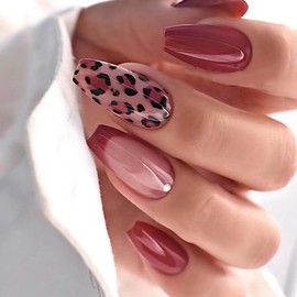 Red Press on Nails Medium Coffin Fake Nails French Tip False Nails with Leopard Print Design Glue on Nails Solid Color Acrylic Nails Glossy Full Cover Stick on Nails for Women Fall Manicure 24Pcs