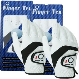 FINGER TEN Golf Gloves Men Right Hand Leather All Weather Premium Grip Tour Value 2 Pack, Mens Golf Glove Soft Comfortable Breathable Flexible for Golfers Sport Outdoor (White, M, Right)…