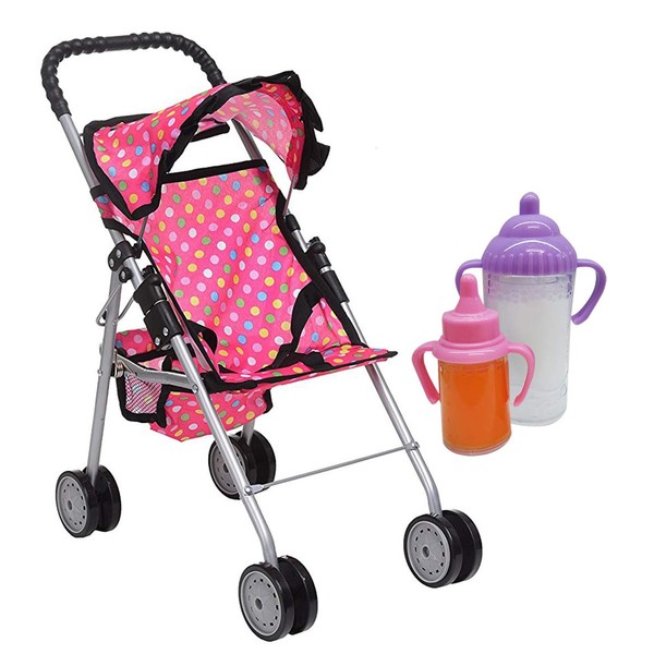 Exquisite Buggy, My First Doll Stroller Pink & Off-White with Basket in The Bottom (Polka Dot)