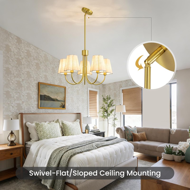 Linour Gold 5 Light Chandelier for Dining Room, Fabric Shade
