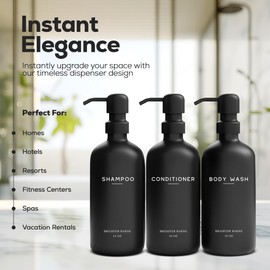 Black Shampoo and Conditioner Dispenser Set by Brighter Barns - Refillable Plastic Shower Soap Dispensers for Bathroom - Body Wash & Shampoo Bottles - Modern Bathroom Decor for Hotel, Airbnb (Black)