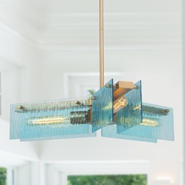 GEPOW Gold Chandelier, Modern 3-Light Pendant Lighting for Kitchen Island, Coastal Hanging Light Fixture with Blue Water Ripple Glass for Dining Room, Bedroom, Living Room, Foyer, Entryway