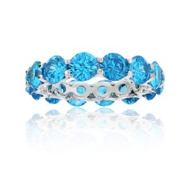 DECADENCE Sterling Silver Rhodium 5mm Middle Blue Round Cubic Zirconia Eternity Ring