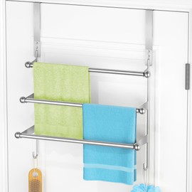 Over The Door Towel Rack,304 Stainless Steel Towel Rack with 2 Hooks, 3 Tier Towel Bar for Hanging Towels, Over Door Towel Storage Holder for Bathroom