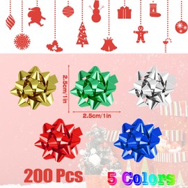 Extrapins 200 Pcs Mini Christmas Gift Bows, 1 Inch Mini Bows, Adhesive Present Bow, Metallic Star Bow for Presents Holiday Party Decoration Christmas DIY Gift Wrapping, Assorted Colors