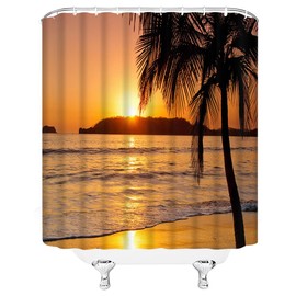 Beach Sunset Shower Curtain Ocean Orange Sky Tropical Palm Trees Summer Seaside Waves Scene Coastal Island Hawaii Fabric Bath Curtain with Hook