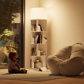 INNOD Rotating Bookcase with Light,4 Tier Round Bookshelf Tower, 360 Spinning Book Shelf Storage Round,for Bedrooms, Living Rooms, Home Offices, and Compact Areas, White