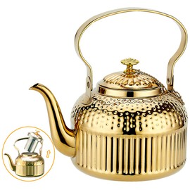 SANQIAHOME HD Gold Teapot with Infuser 63oz(1.8 litres) 6-8 Cups, Stainless Steel Water Boilers Loose Leaf Tea Maker Water Kettle for Stovetop Induction/Gas