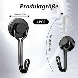 Biliant Pack of 4 Magnetic Hooks, Extra Strong, Black Neodymium Hooks, 6 kg Neodymium Magnetic Grill Hook, Strong Magnets with Hooks for Bedroom, Garage, Key Holder