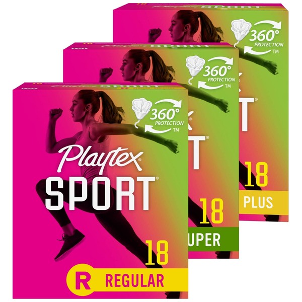 Playtex Sport Tampons, Multipack (18ct Regular/18ct Super/18ct Super+ Absorbency), Fragrance-Free - 54ct (3 Packs of 18ct)