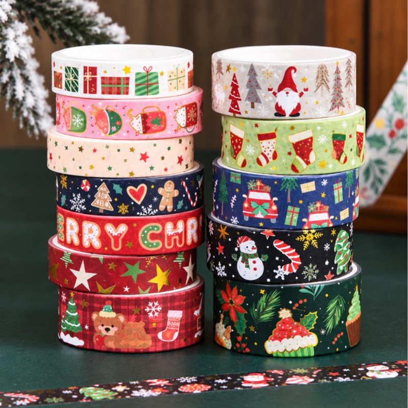 Christmas Masking Tape 12-Design Set, Gift Wrapping Journaling Decoration Deco