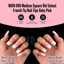 NOVO OVO Old School Wide White French Tip Nail Tips Press on, Medium Length Tapered Square BABY PINK, Extra Thick Soft Gel Fake Acrylic Extension, Need Builder Gel, Top Coat, Glue 15 Sizes 240 pcs