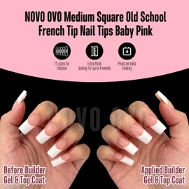 NOVO OVO Old School Wide White French Tip Nail Tips Press on, Medium Length Tapered Square BABY PINK, Extra Thick Soft Gel Fake Acrylic Extension, Need Builder Gel, Top Coat, Glue 15 Sizes 240 pcs