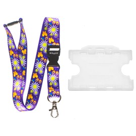 Rolseley ID Card Holder and Lanyard Neck Strap Purple with Daisies Pattern with Metal Lobster Claw Clip and Safety Breakaway