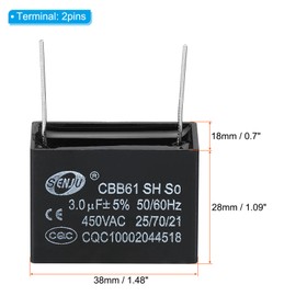 PATIKIL CBB61 Ceiling Fan Capacitor, 2Pcs 3uF 450V AC 50/60HZ with 2Pins 38x18x28mm for Air Conditioner Fan Motor Star Run Capacitors