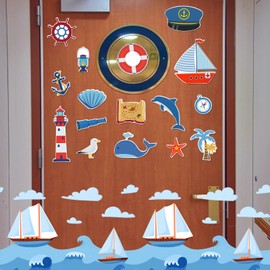 16 Pcs Sea Navigation Car Magnets Cruise Door Magnet Stickers Anchor Shell Cruise Ship Decorations Palm Tree Treasure Map Magnetic Fridge Decor for Carnival Cruise Cabin Door