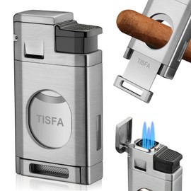 TISFA Cigar Lighter, Butane Lighter with Cigar Cutter, Triple Jet Flame Torch Lighter Cuts Up to 60 Ring Gauge Cigars, Refillable Butane Windproof Lighters (Silver)
