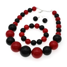 CIOOU Large Big Faux Pearl Necklace for Women Chunky Pearl Necklace and Earrings set 1920s Costume Jewelry set Prom party Wedding (red black)