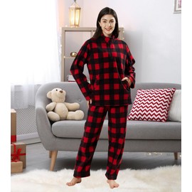 Dodheah Unisex Christmas Pajamas Set Check Sleepwear Half Zipper Pullover Top with Pockets & Long Pants Matching Nightwear for Family Red Black-XL