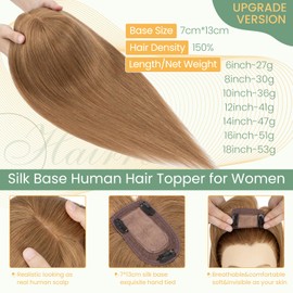 Hairro Hair Topper with Bangs for Women 100% Real Remy Human Hair Toppers 13x7cm Silk Base Hairpiece Cover Thinning Hair Loss (10 inch, Light Brown)