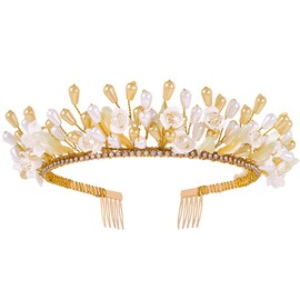 Urieo Gold Pearl Tiaras for Women Flower Leaf Bride Crown with Comb Rhinestone Wedding Tiara Headpiece Prom Party Bridal Queen Headband