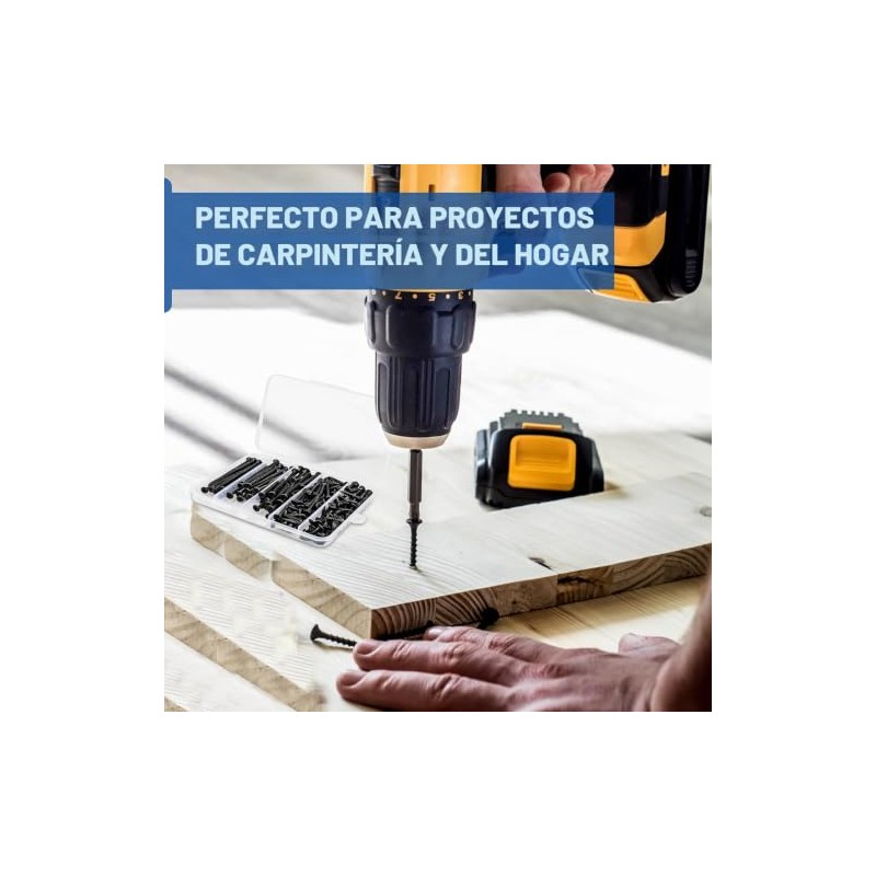 Tornillos para madera, 168 unidades, cabeza plana negra #6