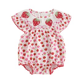 Chloefairy Newborn Baby Girl Strawberry Romper Berry Smocked Bubble Ruffle Sleeveless Bodysuit Infant One Piece Summer Outfit (White, 0-3 Months)