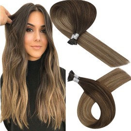 YoungSee I Tip Hair Extensions Human Hair 16inch Itip Human Hair Extensions Ombre Dark Brown to #10 with #16 Blonde Balayage Pre Bonded Keratin Hair Extensions 100strands 50gram