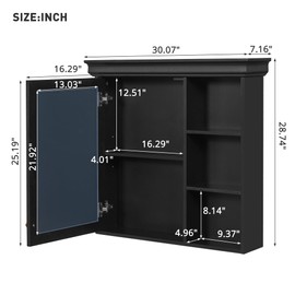 Merax 30'' Floating Bathroom Vanity with Mirror and 1 Door, MDF Wall Mounted Cabinet with 3 Shelves Storage Organizer, Over The Toilet Storage Cabinet for Bathroom, Black