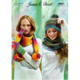 James C Brett JB821 Knitting Pattern Cowl Hat Gloves and Tube Scarf in Shhh DK