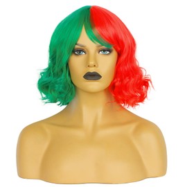 Askuang Half Red Half Green Wig Short Curly Wavy Wig with Bangs for Women Girls Christmas Party