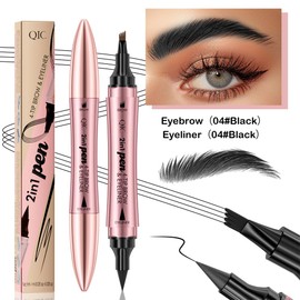 2 in 1 Eyebrow Pen with Eyeliner Pencil, Waterproof Eyebrow Pencil with 4 Fork Tip Multifunctional Double Head Microblade Eyebrow Pencil Waterproof and Long-Lasting (Black)