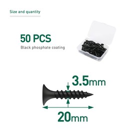 FOMGIIN Chipboard Screws Drywall Screws M3.5 x 20 mm, Pack of 50 Black Coarse Thread Drywall Screws Wood Drywall Screws Drywall Screws Plasterboard Screws Plasterboard Screw