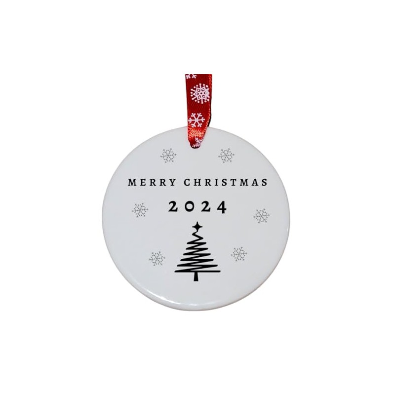 Second Ave Merry Christmas Year Tree White Ceramic Hanging Circle