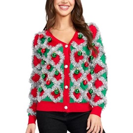 Tipsy Elves Classic Cute Cardigan Ugly Christmas Sweaters for Women with Fun Patterns and Animals - Women's Colorful Red Tacky Tinsel Christmas Cardigan Size 4X