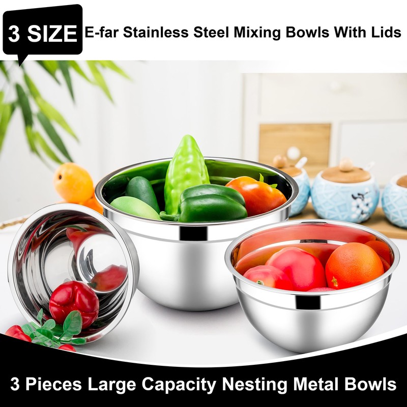 E-far Mixing Bowls with Lids, 6-Piece Stainless Steel Salad Bowls
