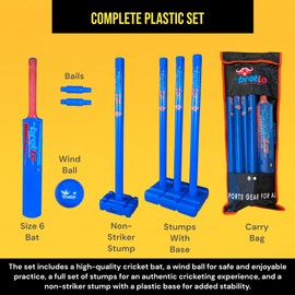 Bratla Plastic Cricket Set - Blue Color | Backyard and Beach Set for Adults and Kids | Includes Bat, Wind Ball, Stumps, and Non-Striker Stump with Plastic Base (Size 4)