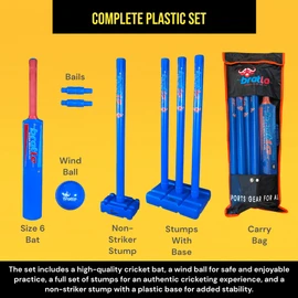 Bratla Plastic Cricket Set - Blue Color | Backyard and Beach Set for Adults and Kids | Includes Bat, Wind Ball, Stumps, and Non-Striker Stump with Plastic Base (Size 4)