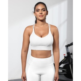 Grace Form Sports Bra for Women Strappy Medium Support Push Up Padded Sports Bra for Running Workout Bra Yoga Bra White