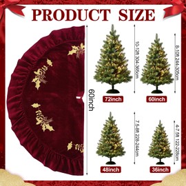 Vertintong 60 Inches Velvet Christmas Tree Skirt Wine Red with Gold Embroidered Holly Fur Plush Tree Skirt Luxury Xmas Skirts for Merry Christmas Party Vintage Holiday Decorations