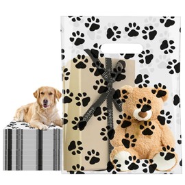 Infankey 100 PCS Dog Paw Gift Bags Bulk Pet Paw Puppy Print Plastic Treat Favor Candy Goodie Bags with Handle for Dog Birthday Party Decoration Supplies