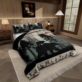 Feelyou Western Farmhouse Bedding Comforter Sets Queen Size, Cabin Lodge Bedding Sets, Hunting Bear Deer Comforter Set, Country Retro Duvet Insert, Rustic Woodland Pine Tree Quilt, Black Brown