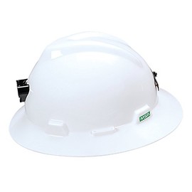 MSA 460069 Polyethylene V-Gard Slotted Full-Brim Hat with Staz-On Suspension, Lamp Bracket and Cord Holder, White, Standard
