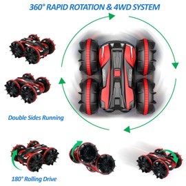 Coche y camión con control remoto, anfibio para niños, coches de acrobacias 4WD de 2.4 GHz, rotación de 360° todoterreno, vehículo a control remoto, juguetes de tierra para niños de 6, 7, 8, 9, 10, 11, 12 años (rojo)