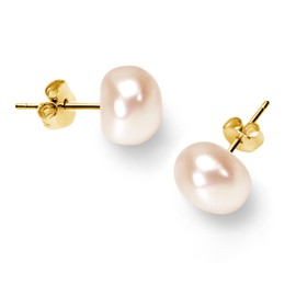 BURLAP LIFE Gold Plated 925 Sterling Silver Freshwater Real Button Pearl Stud Earrings Quality Pearl Earrings for Women, Pink Pearl 6mm-7mm